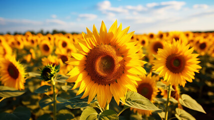Obraz premium A field of luxurious blooming sunflowers in a rural landscape with a beautiful sky. Generative AI