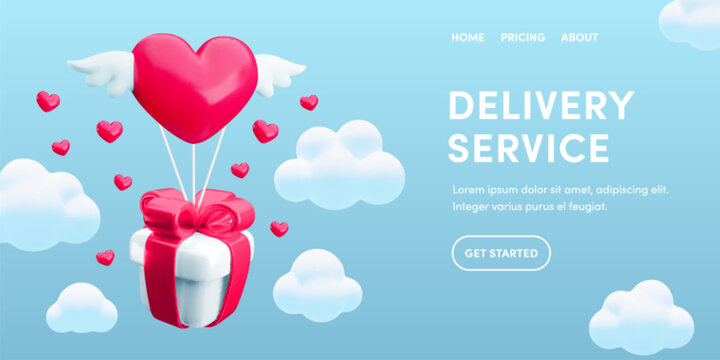 Gift delivery service landing page template. Valentine's day gift delivery web banner concept, 3d vector gift box and heart with wings flying among the clouds. Fast holiday delivery web site.