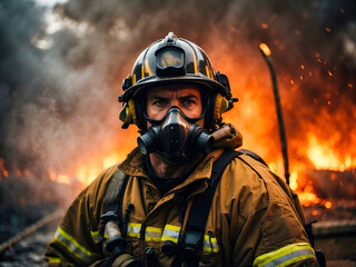 A firefighter in full gear facing a blazing fire