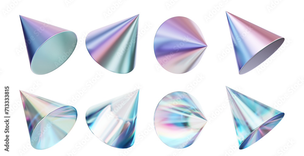 Poster crystal cone shape set isolated background 3d rendering