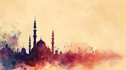 vintage abstract blue and red watercolor stain texture background with mosque tower silhouette for ramadan greeting card - AI Generated Abstract Art