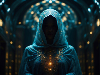 A woman draped in an ornate blue cloak with a hood, adorned with glowing patterns, stands in a dimly lit corridor with an intricate design that gives a mystical aura
