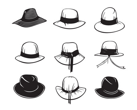 Set of hats sketch drawn in doodle style. Woman hat symbols and signs