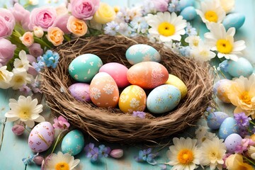 Fototapeta na wymiar Vibrant Easter eggs arranged in a nest with soft pastel-colored flowers, creating a cheerful and festive background.