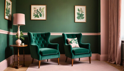 A dressing room with pale pink walls with a forest green velvet armchair natural wood accents and vintage inspired  style