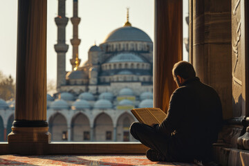 Muslim man reading a book on a mosque