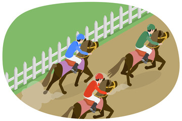 Fototapeta premium 3D Isometric Flat Conceptual Illustration of Hippodrome Competitions, Horse Racing Scenery