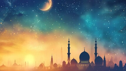 mosque silhouettes with starry night background gradient in gold and blue shade - AI Generated Abstract Art - obrazy, fototapety, plakaty