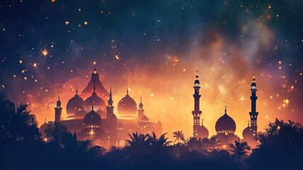 mosque silhouettes and gradient galaxy background for ramadan - AI Generated Abstract Art - obrazy, fototapety, plakaty