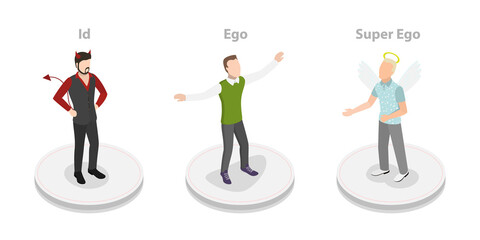 3D Isometric Flat  Conceptual Illustration of Id, Ego, And Superego, Psychology Models