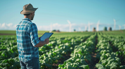 person with tablet in the field. "Renewable Roots: Energy-Efficient Agriculture"