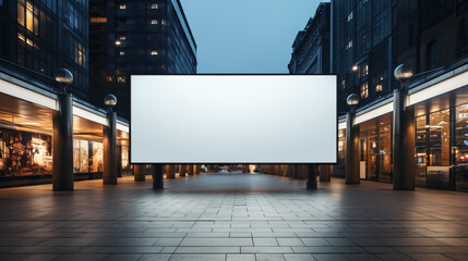 White Empty Blank Billboard Poster Screen Standing Tall in the Heart of a City Shopping Mall.