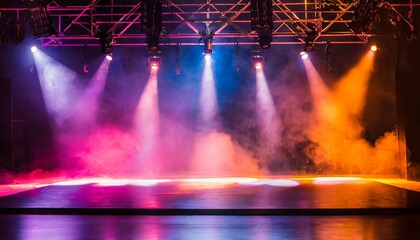 Stage with smoke and spotlights. Dramatic reveal. AI generated image.