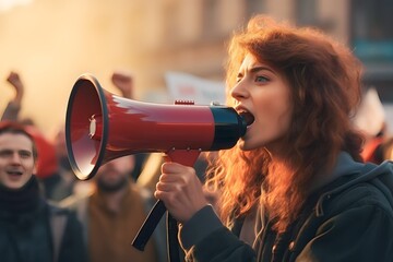 Female activist protesting via megaphone with a group of demonstrators in the background