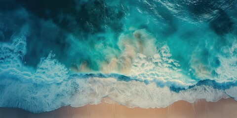 Drone and Bird eye view of ocean and sea wave on beach in summer