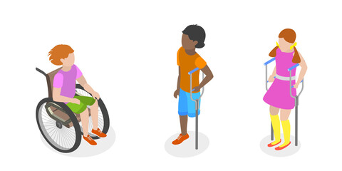 3D Isometric Flat  Conceptual Illustration of Children With Cerebral Palsy, Support for Kids with Health Problems