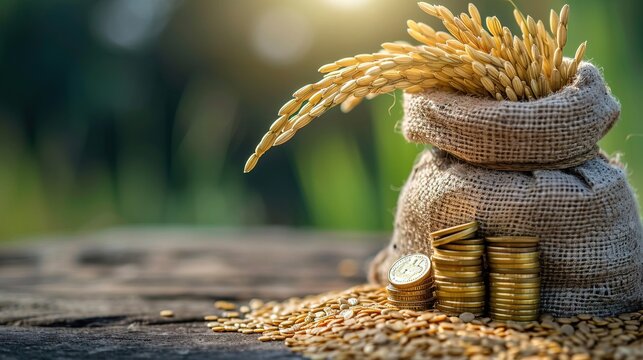 rice and coin stacked for zakat islamic charity concept - AI Generated