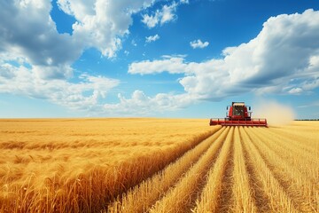 Naklejka premium Famer Harvesting via machine in corn crops. collecting golden crops under the blue sky background