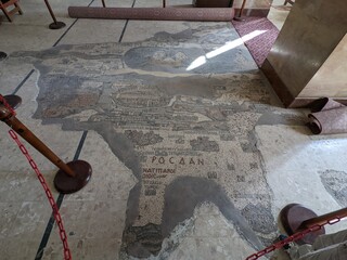 Madaba historical old town, Jordan, fampous for Interior of Greek Orthodox Basilica of St George with the mosaic map of Holy Land