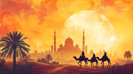 vintage watercolor of mosque, camels, and moon for ramadan background - AI Generated Abstract Art