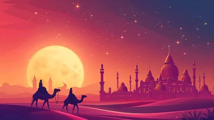 Foto op Plexiglas mosque, camels and moon in starry night background - AI Generated Abstract Art © Curva Design
