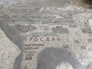 Madaba historical old town, Jordan, fampous for Interior of Greek Orthodox Basilica of St George with the mosaic map of Holy Land