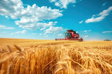 Fototapeta premium Famer Harvesting via machine in corn crops. collecting golden crops under the blue sky background