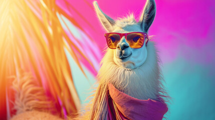 llama with sunglasses and scarf in studio with a colorful and bright background. AI Generative - obrazy, fototapety, plakaty