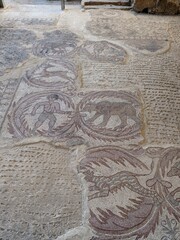 Madaba historical old town, Jordan, fampous for Interior of Greek Orthodox Basilica of St George with the mosaic map of Holy Land