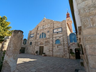 Madaba historical old town, Jordan, fampous for Interior of Greek Orthodox Basilica of St George with the mosaic map of Holy Land