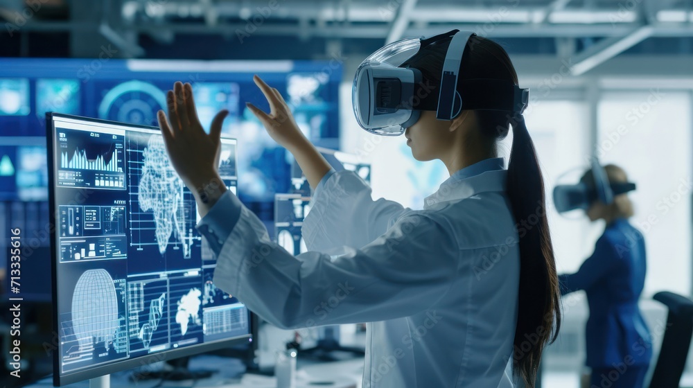 Poster woman in white lab coat using computer for industrial engineering generative ai