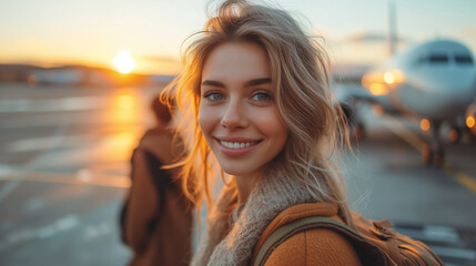 Portrait of a beautiful woman with a backpack on the background of a passenger plane on the runway. concept of travel and active lifestyle. - obrazy, fototapety, plakaty