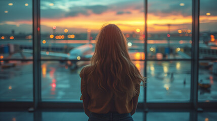 beautiful young woman at the airport, against the background of a passenger airplane on the runway....