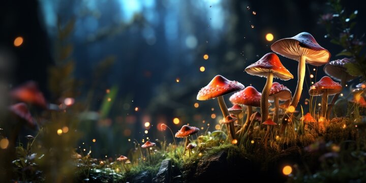 mushrooms with red caps in a magical forest, life-threatening