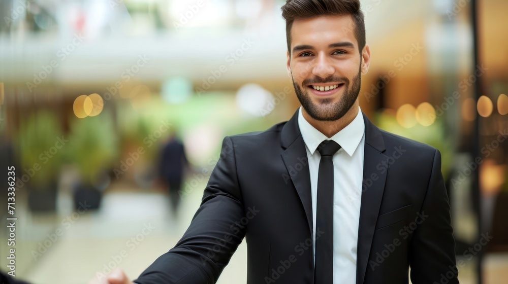 Poster smiling business manager in a suit and tie poses for the camera generative ai