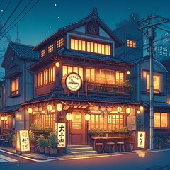 a beautiful japanese tokyo city ramen shop restaurant bar in the dark night evening. house at the street.