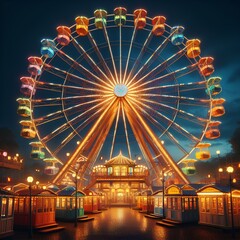 ferris wheel with colorful cabins in an amusement park in the summer.