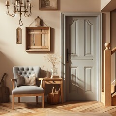 Grey armchair and wooden rustic bench near door against beige wall and staircase.