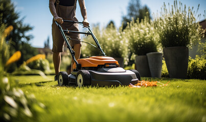 A professional caucasian gardener cuts a grassy lawn with a modern electric cordless mower. Landscape design theme.