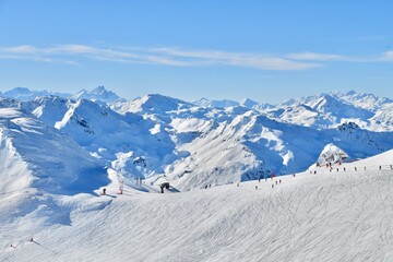 Fototapeta na wymiar Courchevel ski resort in the mountains by winter 