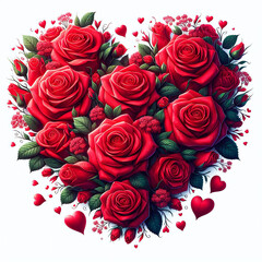 Heart shape made of red roses and leaves isolated on white background.