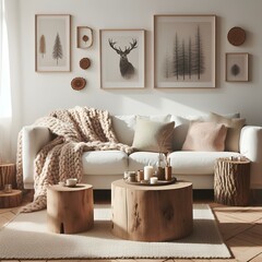 Trees stump coffee tables and white sofa with woolen blanket against white wall with copy space.