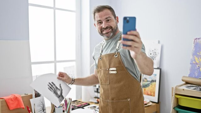 Cheerful middle-aged man with a smartphone in an art studio, taking a selfie while holding artwork