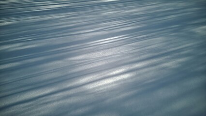 Snowdrift background with shadow of trees, tree shadows lie on the ice covered by snow, aerial low angle view. 