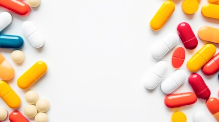 close up Top view of different coloured pills and capsules isolated on light background . horizontal background,  copy space. Minimal medical concept. Pharmaceutical,Drugs and medicines - obrazy, fototapety, plakaty