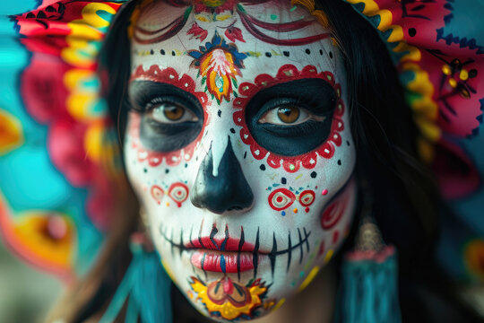 woman with sugar skull face paint makeup for day of the dead or halloween