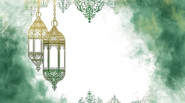 lanterns sketch and ornament with hand painter green watercolor stain texture background - AI Generated Abstract Art