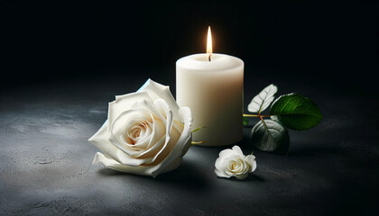 Obraz na płótnie Canvas white rose and a candle set against a black background