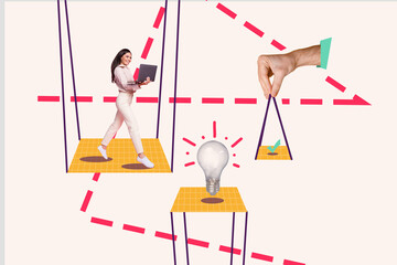 Horizontal surreal photo collage with busy businesswoman work online hold laptop walk on platforms...