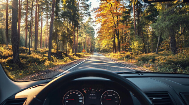 A Car Driving On The Road In The Forest, View From The Driver's Seat